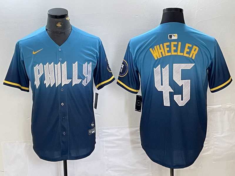 Men%27s Philadelphia Phillies #45 Zack Wheeler Blue 2024 City Cool Base Stitched Jersey